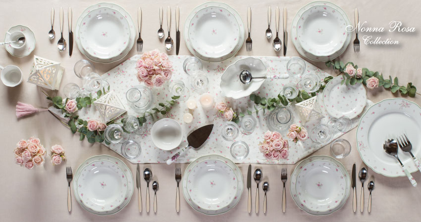 Nonna Rosa Brandani: Servizio di piatti con fiori, tazzine in porcellana con fiori